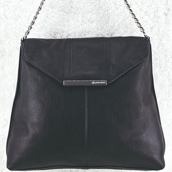 B MAKOWSKY Black Texture Leather Shoulder Bag Silver Chain and Leather Strap - Picture 1 of 15